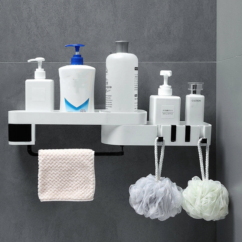 Double-layer wall-mounted storage shelf in black and grey, perfect for bathroom and kitchen organization