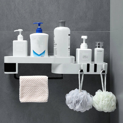 Double-layer wall-mounted storage shelf in black and grey, perfect for bathroom and kitchen organization