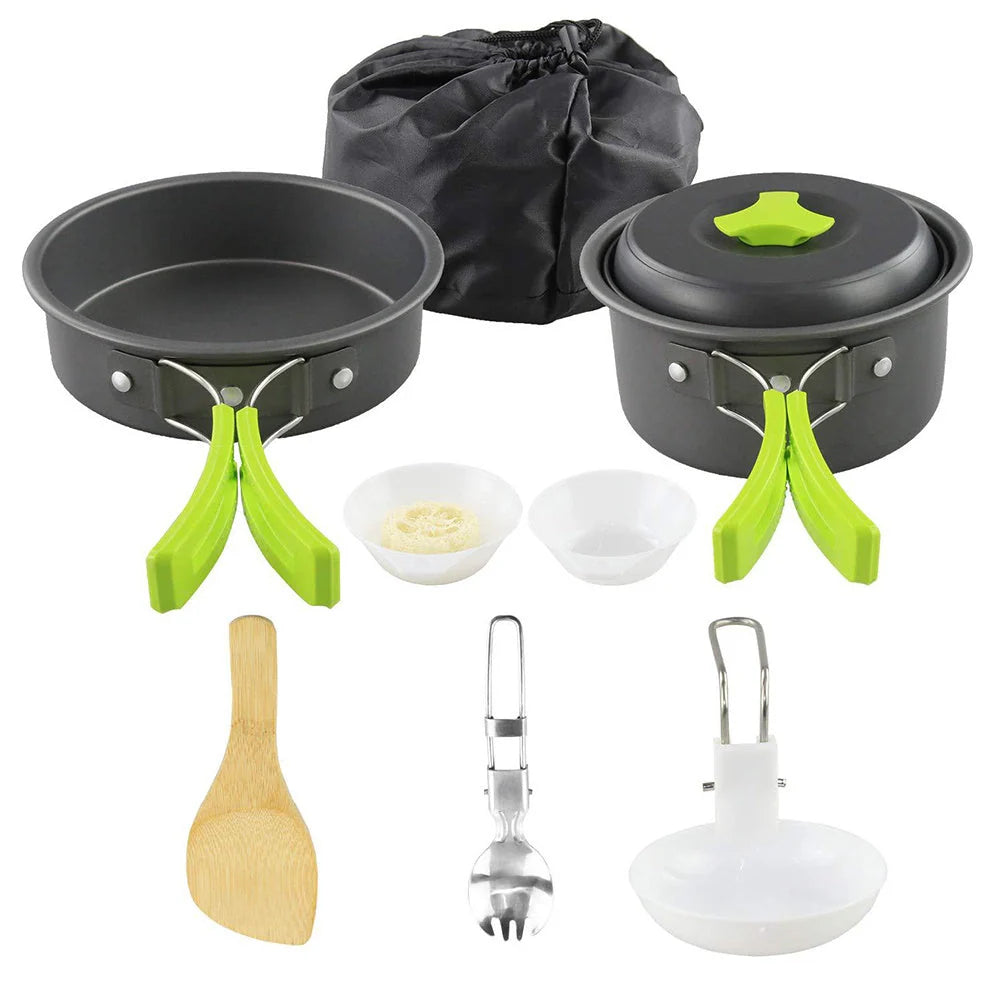 Aluminum camping cookware set with pots, pans, and utensils for outdoor cooking