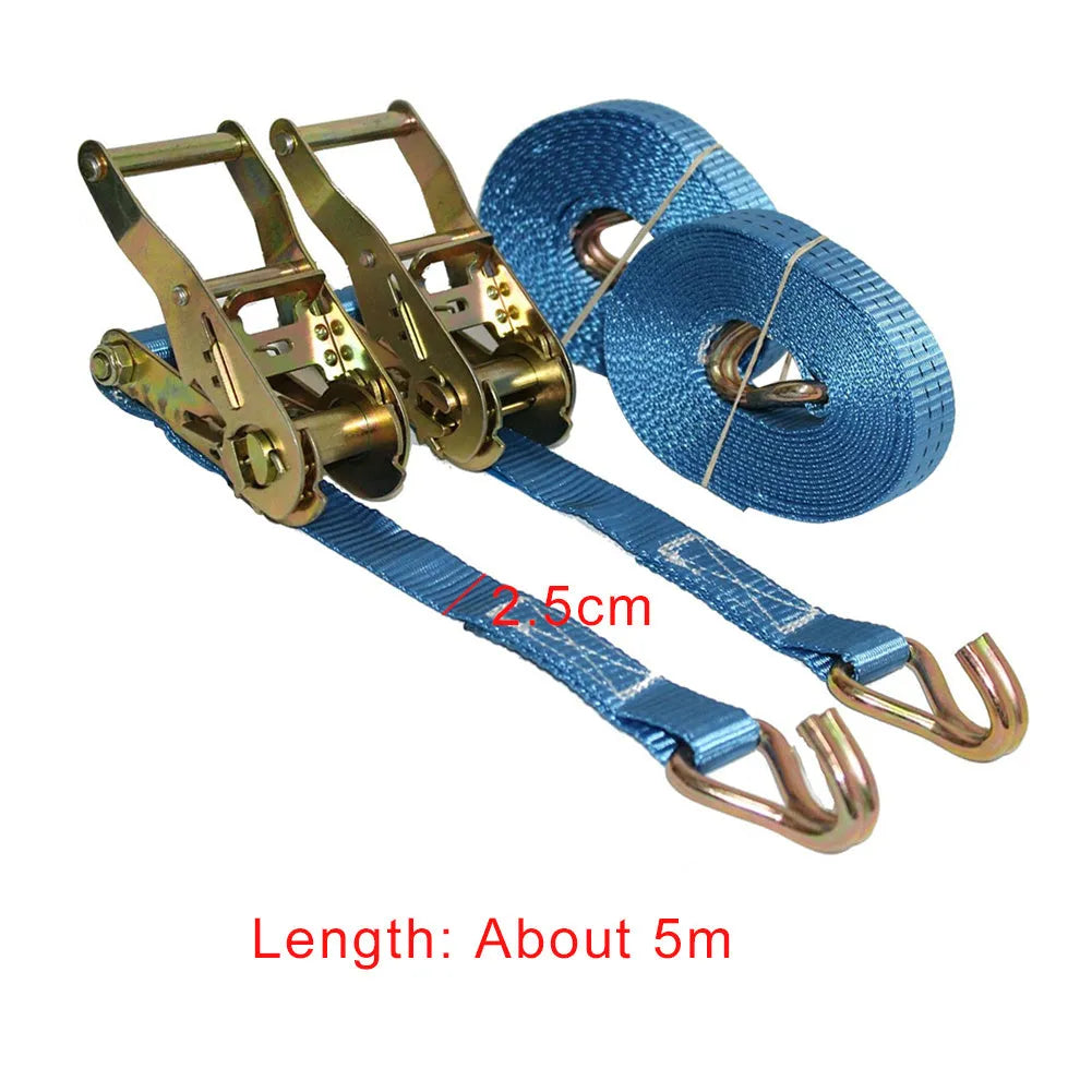 Steel ratchet tensioner strap with double triangular hooks and polyester webbing for furniture transport