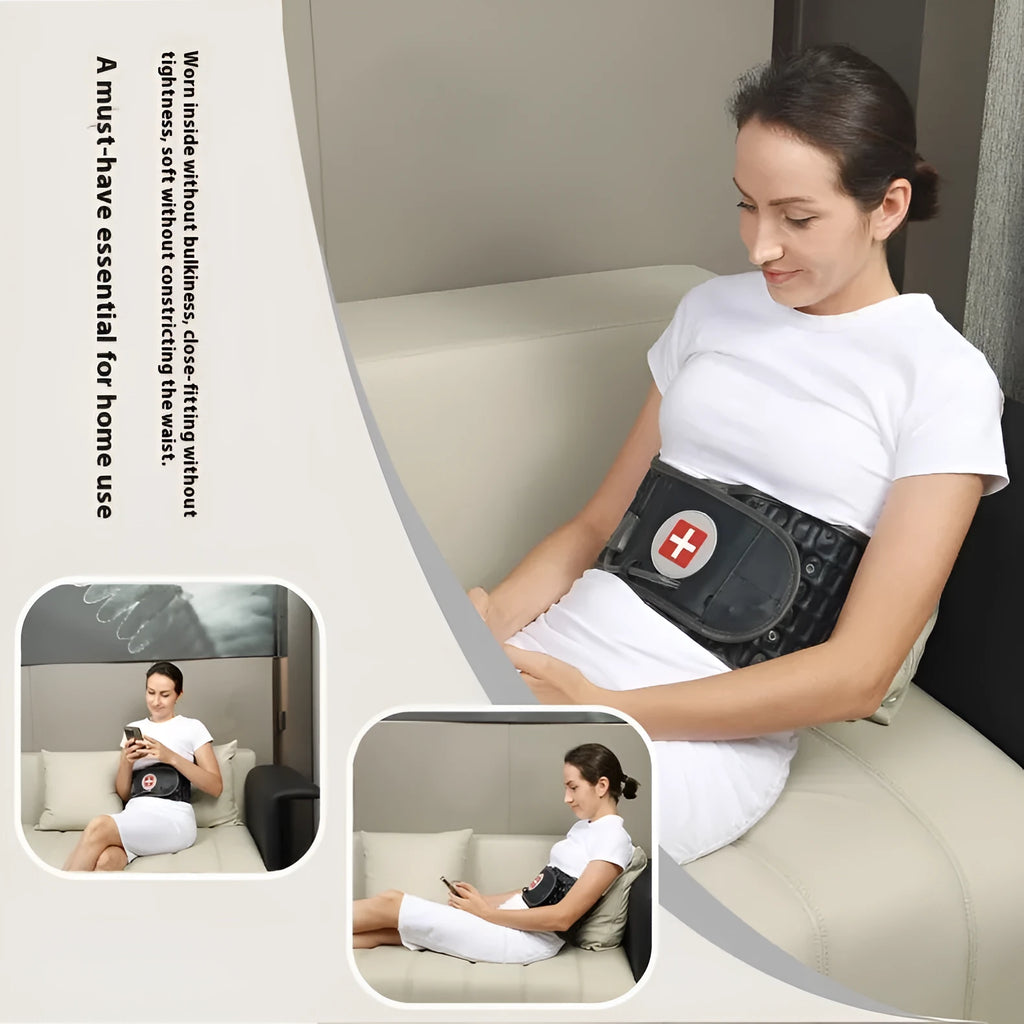 Unisex inflatable waist support traction belt in apricot with short tire pump, made from PU leather and cotton fabric