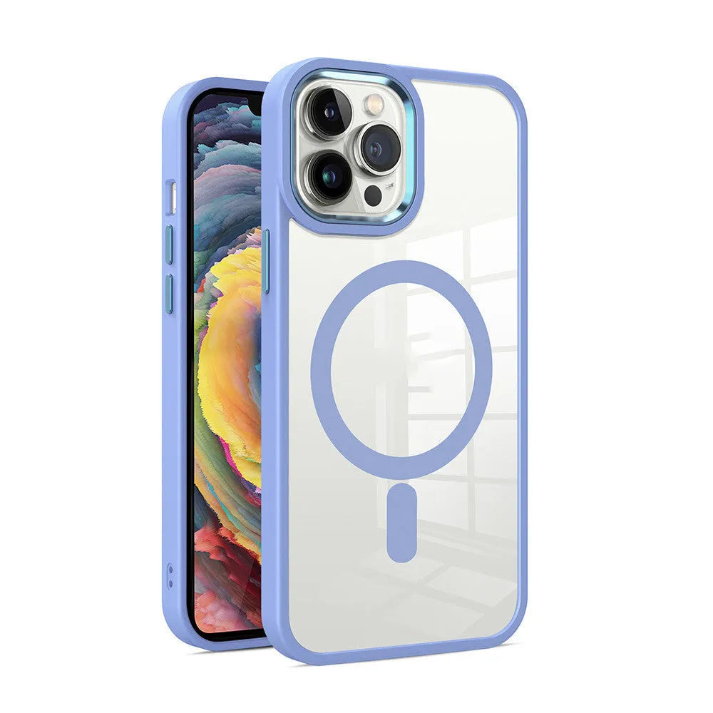 Magnetic transparent silicone phone case for iPhone in assorted solid colours on a white background.