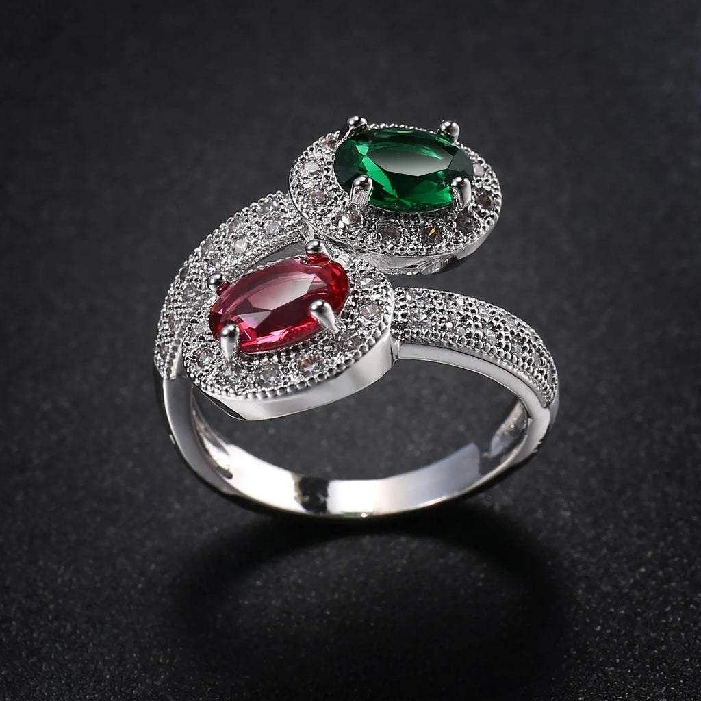 Copper electroplated zircon ring for women in Rose Emerald colour on plain background