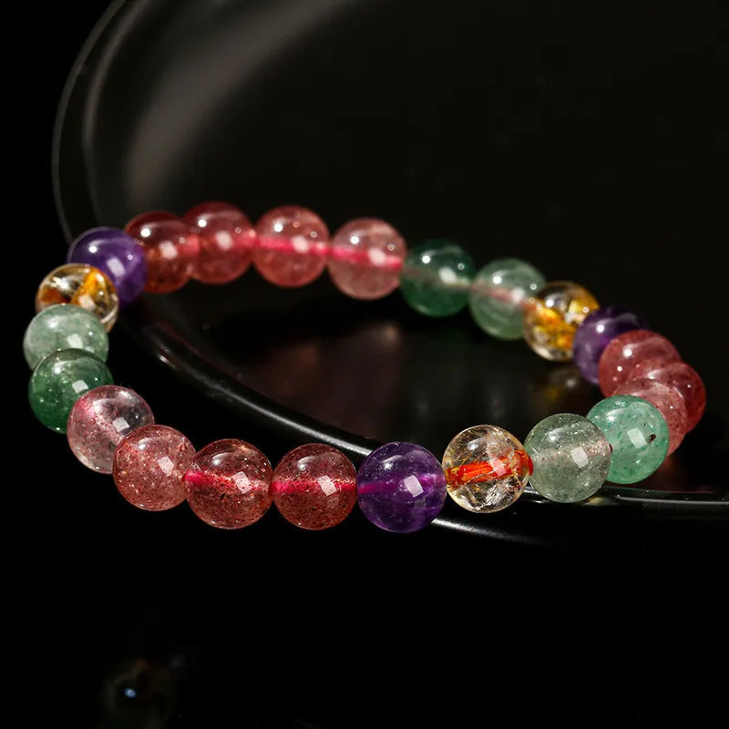 Natural tourmaline colour strawberry quartz bracelet with round beads in geometry style