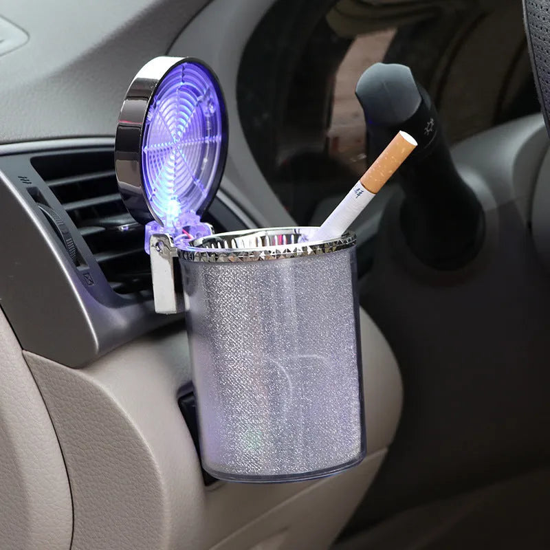 Silver car ashtray with RGB LED light, compact size 10x8x6cm, flame-retardant ABS construction
