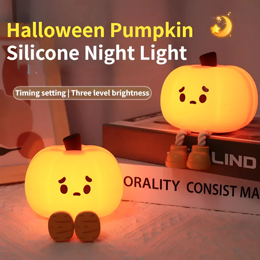 Soft silicone pumpkin night light with touch controls and warm LED glow