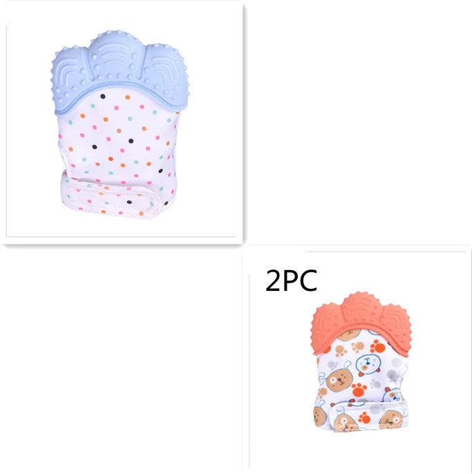 Baby silicone molar teething gloves in various colours with secure Velcro strap