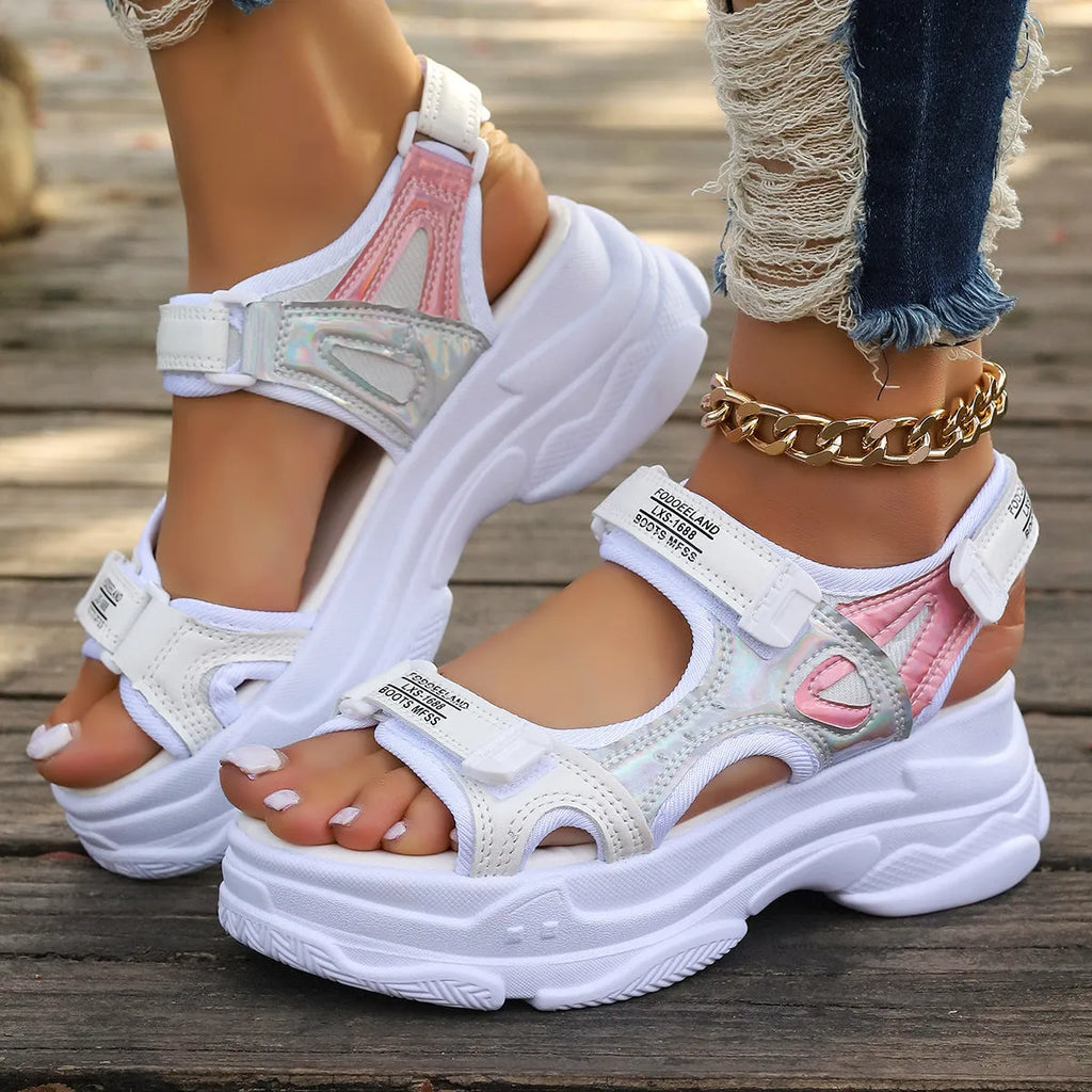 Women's white PU Roman platform sandals with multiple straps and rubber sole