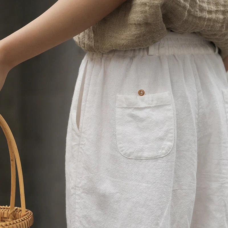 Women's artistic linen baggy pants with embroidery detail in white