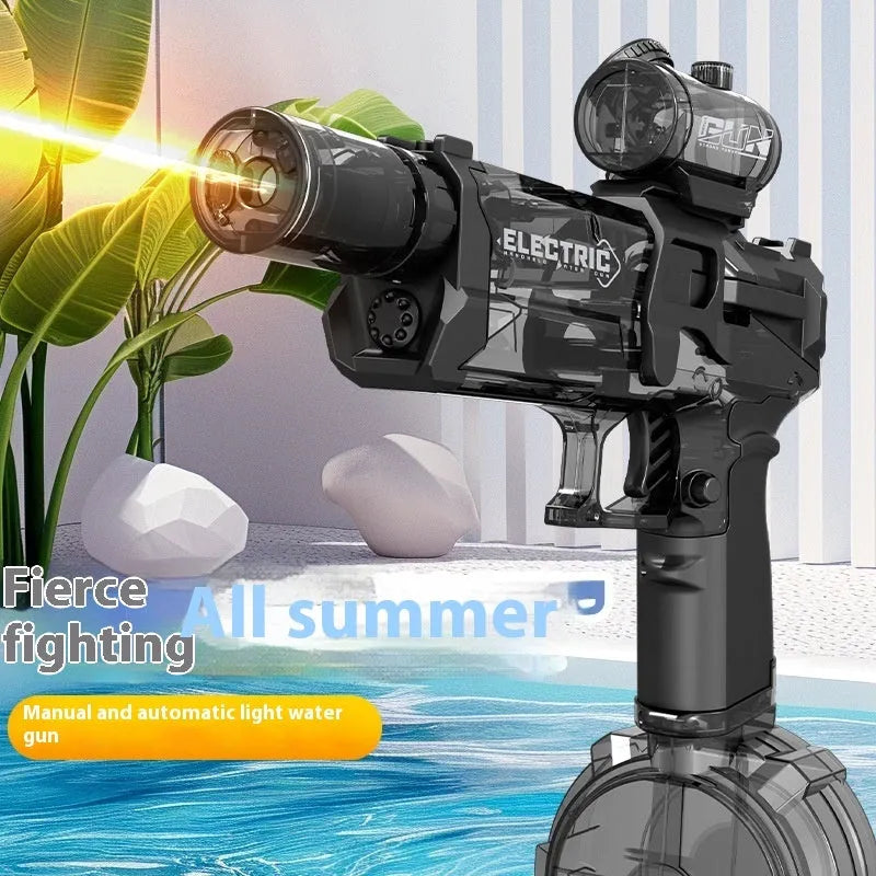 Electric water pistol toy with LED lights in black, blue and red colour options