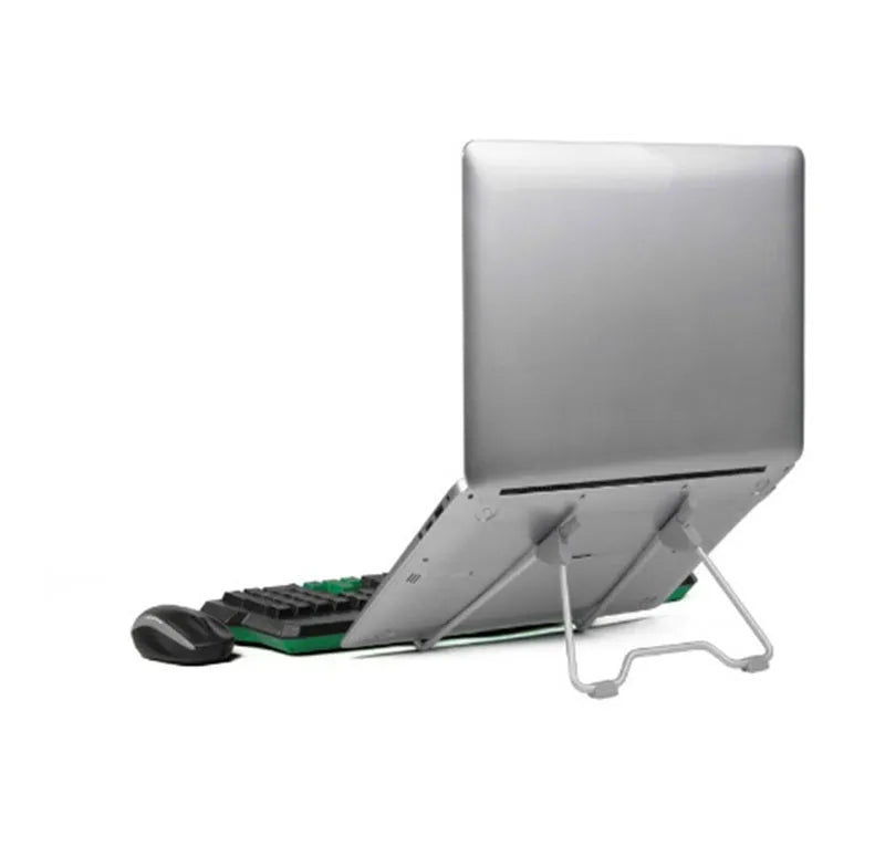 Grey aluminium and plastic mobile phone and laptop stand on a wooden desk.