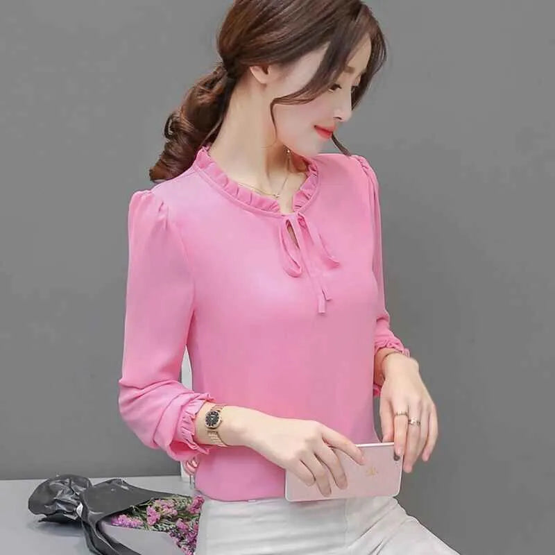 Loose plus size women's bow chiffon shirt in rose red – long sleeve pullover blouse