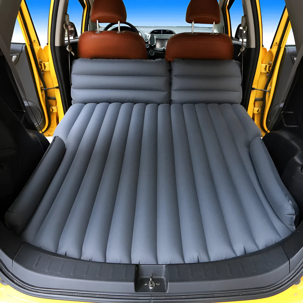 Inflatable bed for hatchback car with flocking fabric surface and automatic pump accessory