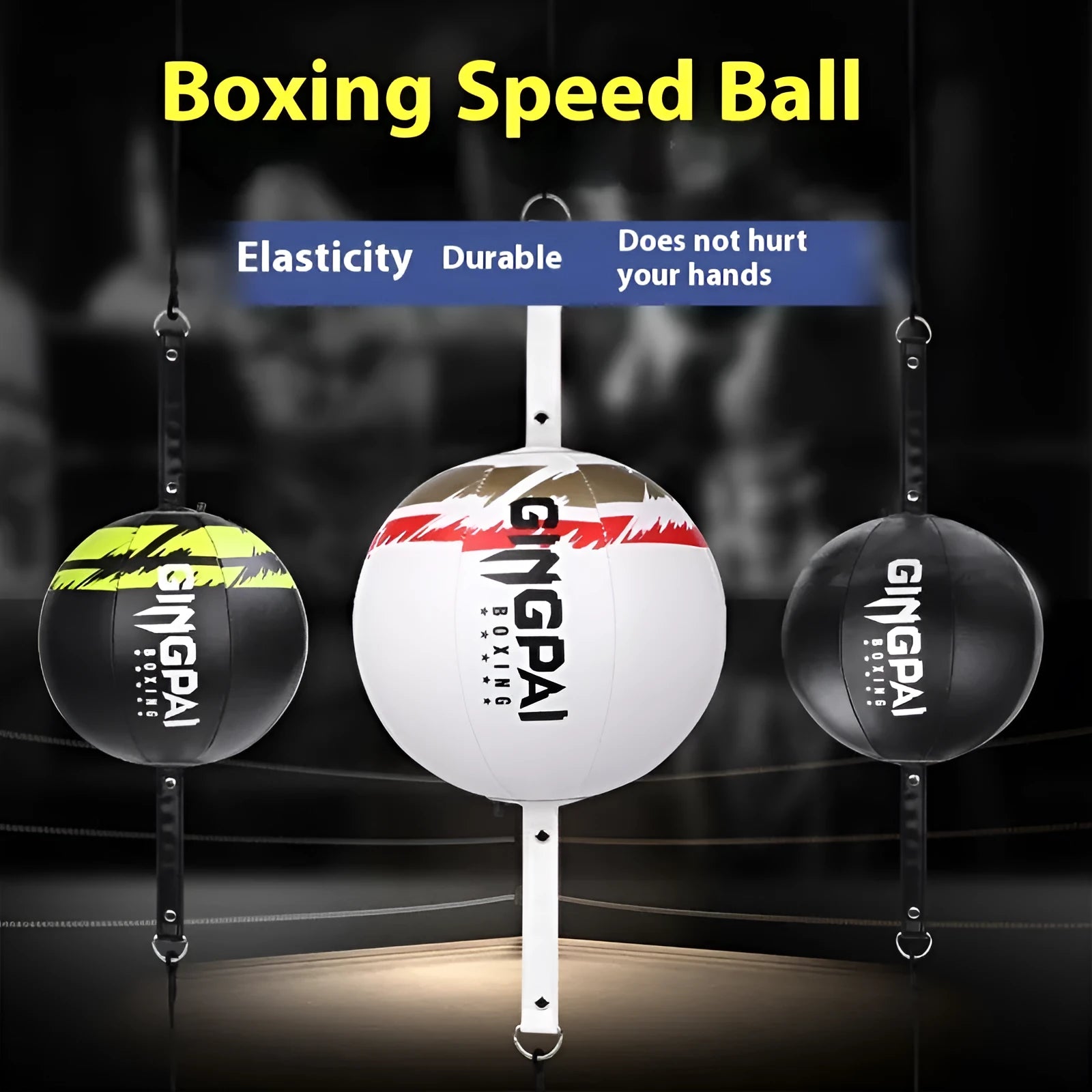 PU hanging boxing speed ball for reaction training in black, green, and white colour options.