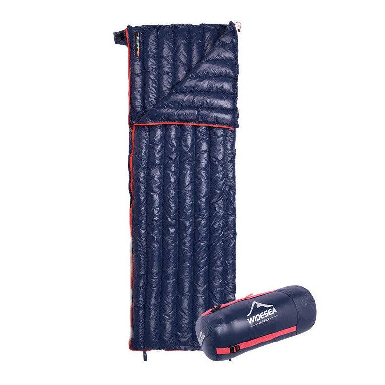 Cyan grey camping sleeping bag with compression sack showing 90% white duck down filling and waterproof nylon fabric