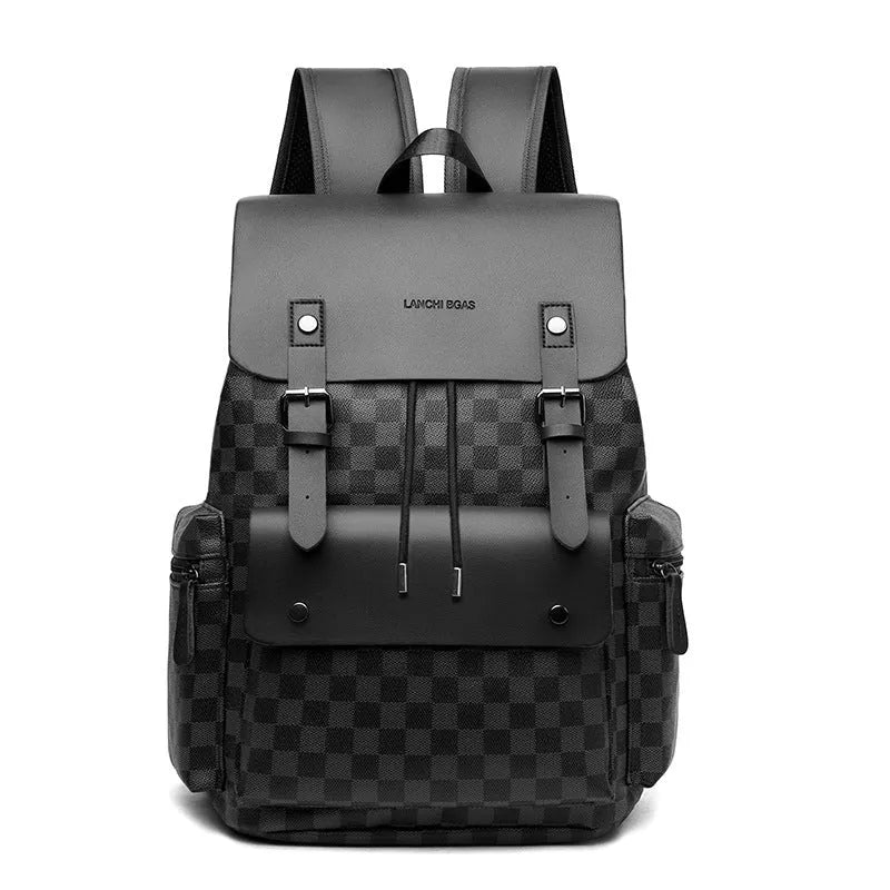 Men's plaid commute backpack in black plaid wear-resistant PU material with curved shoulder straps