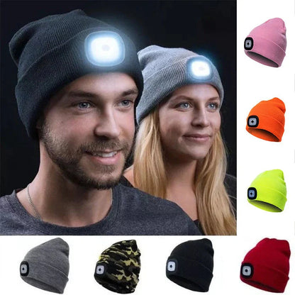 LED knit hat in various colors with integrated light for night safety