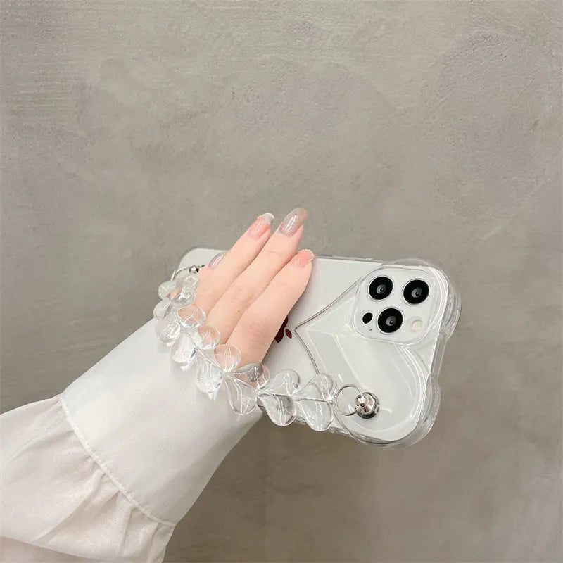 Transparent iPhone case with love bracelet chain design on clear TPU protective shell