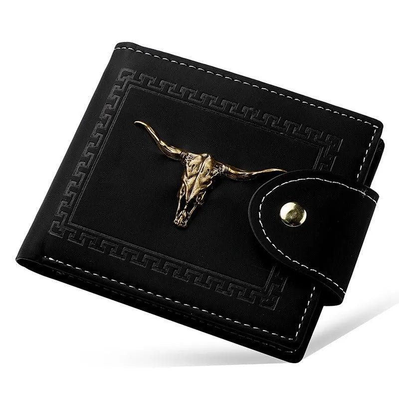 Black men's wallet with animal pattern, zipper closure, and multiple card slots made from PU leather