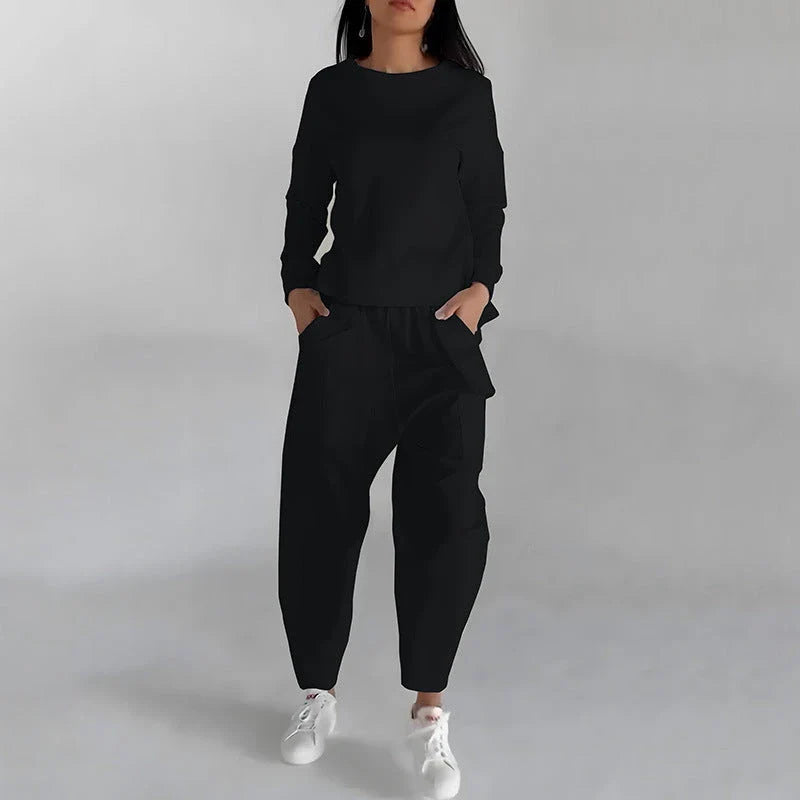 Versatile poly-blend loungewear set in various colors with pockets and back slit design