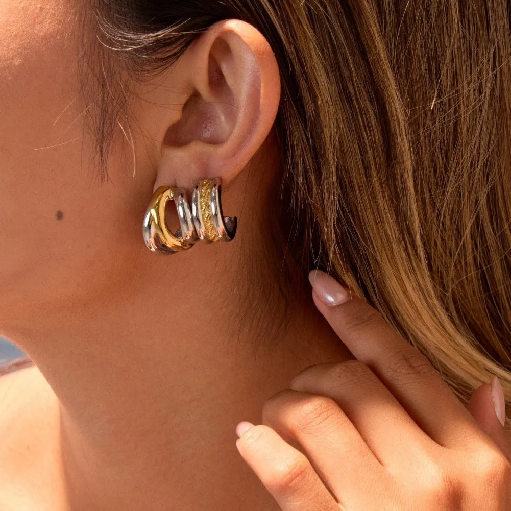 Stainless steel geometric earrings with 18K electroplating, gold and silver colour matching, round ring line design for women