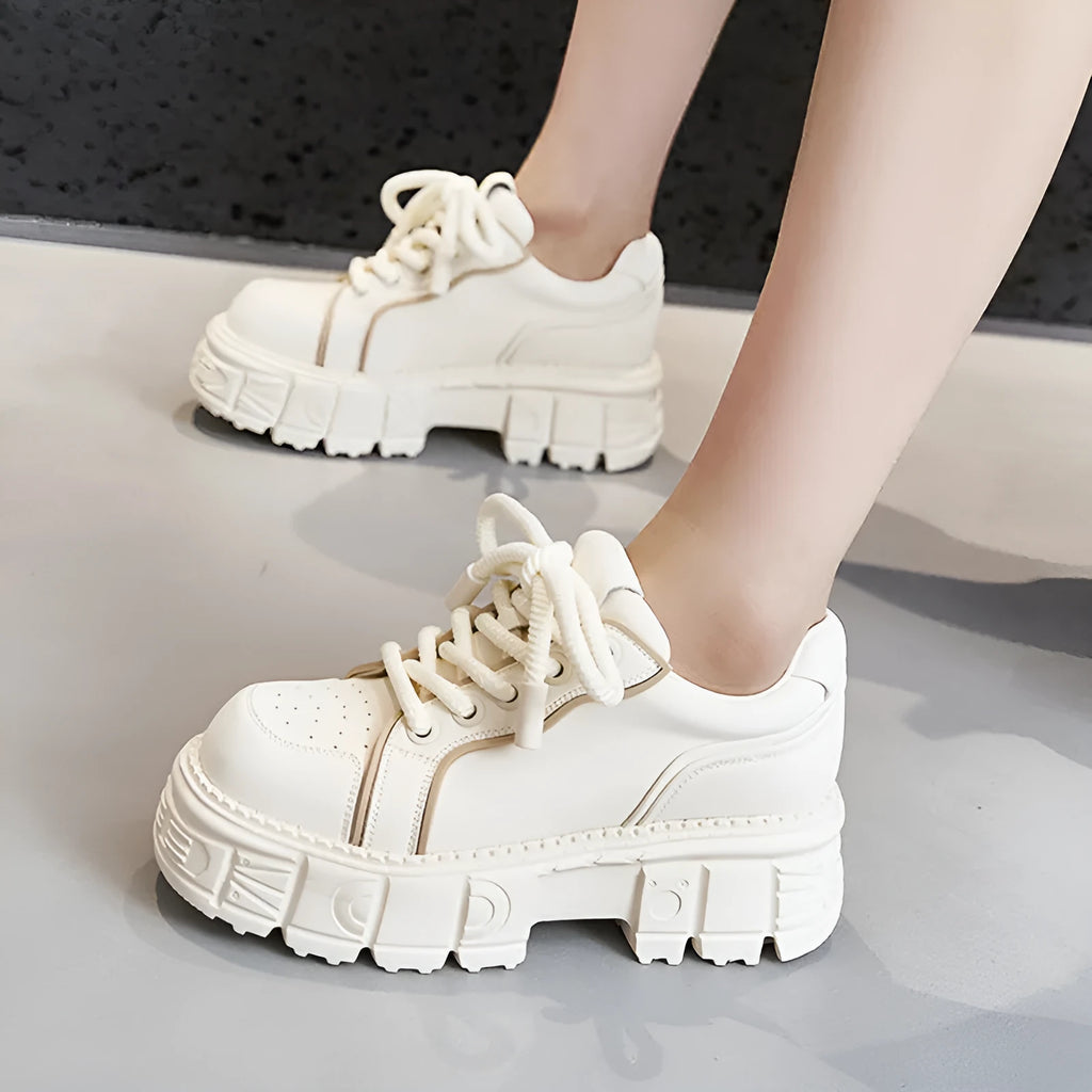 Women's beige leather casual shoes with muffin bottom design for height increase