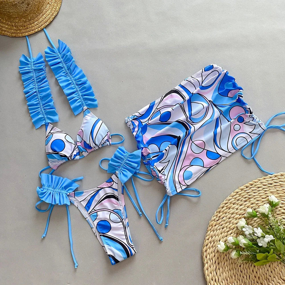 Women's purple pleated split bikini swimsuit with sleeveless design and briefs style for swimming