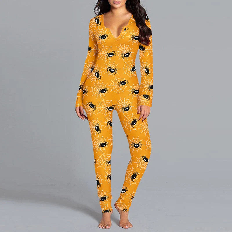 Stylish Halloween-themed pajama jumpsuit with long sleeves and a variety of vibrant prints