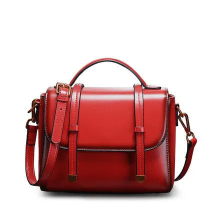 Women's genuine two-layer cowhide leather shoulder bag small square retro style in brown