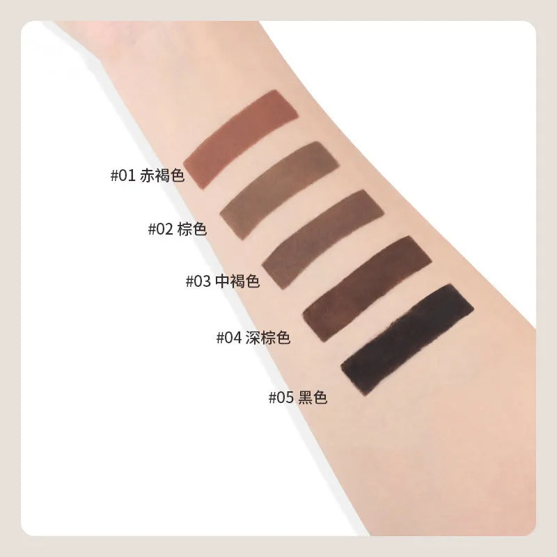 Dual-ended eyebrow makeup stick with cream pencil and powder in a case, shown in one of five natural shades.