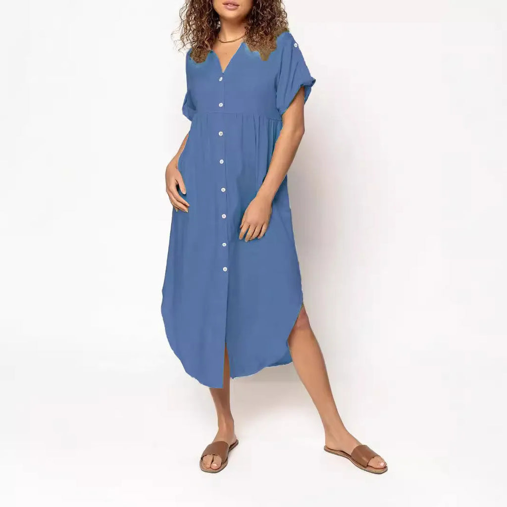 Loose fit solid colour midi dress with button fastening on a hanger.