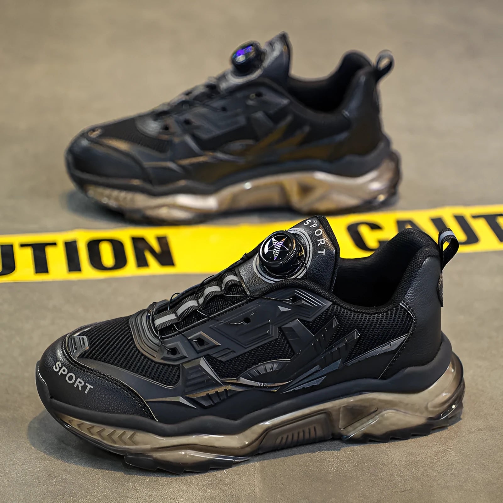 Men's black casual dad shoes with rotating button fastening and mesh upper