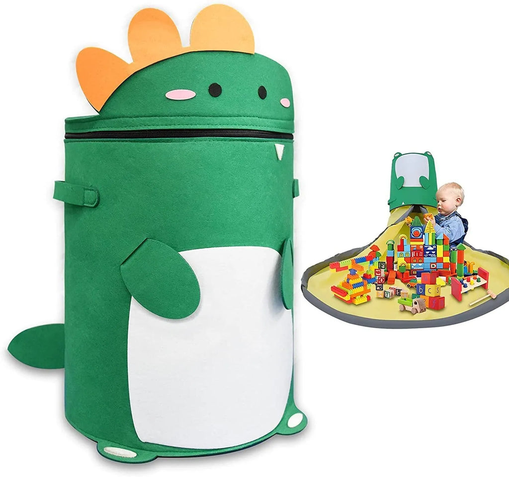Green felt cube storage bag with pull rope, laid flat as a play mat and gathered into a bag.