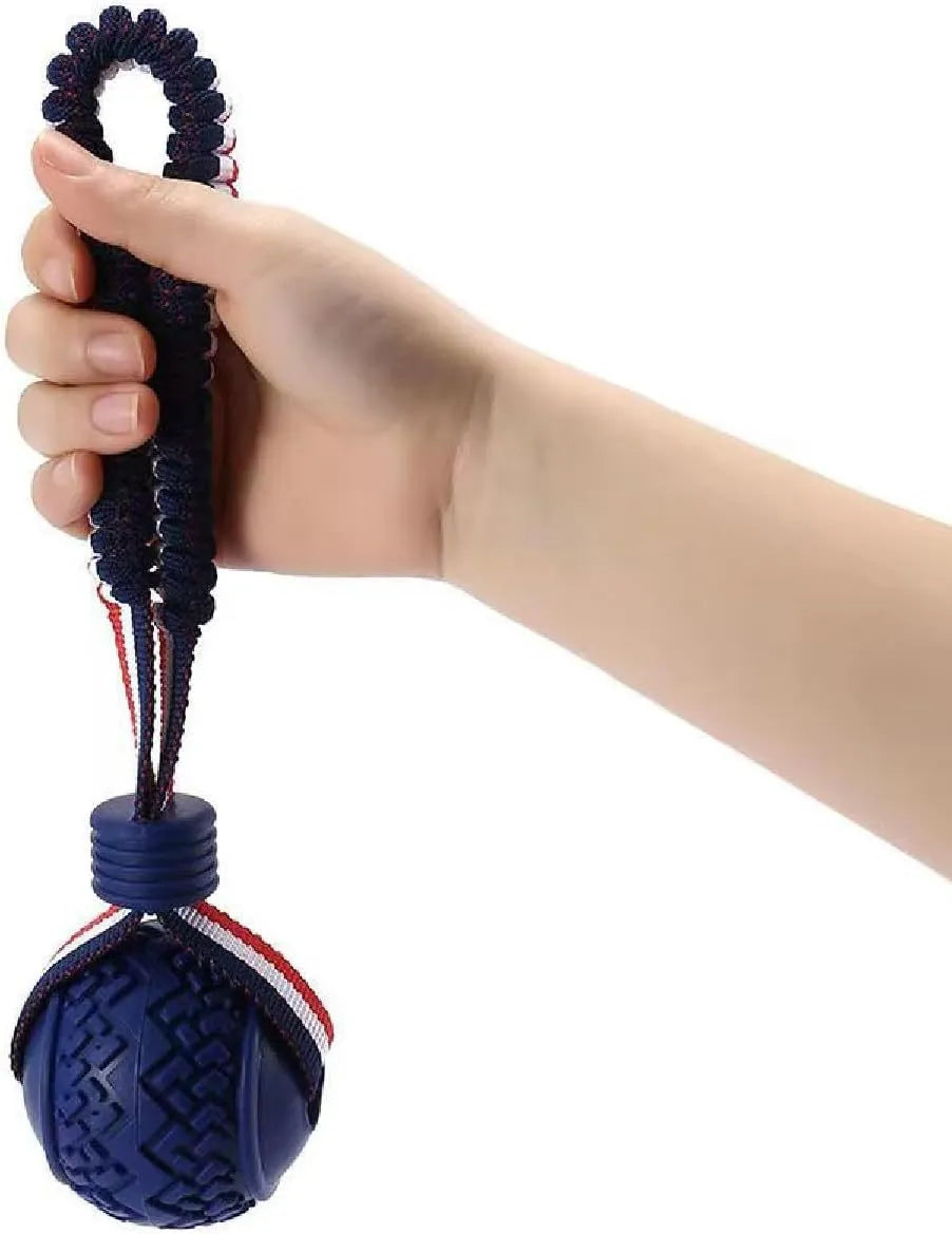 Blue dog ball with rope toy showing textured rubber ball and rope handle