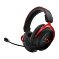 Wired gaming headset with detachable microphone and USB sound card remote in black red colour.