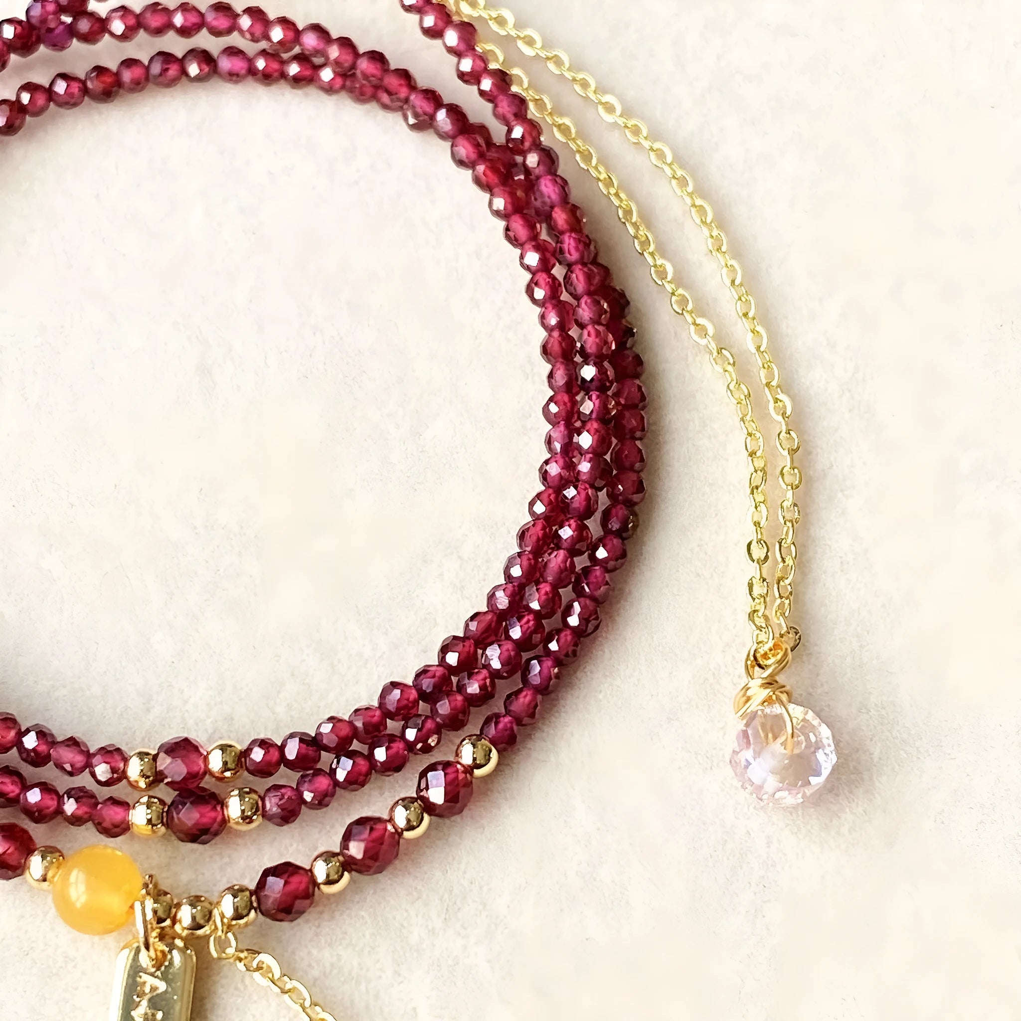 Wine red garnet bracelet necklace with beeswax cut surface texture on 2.5mm beads