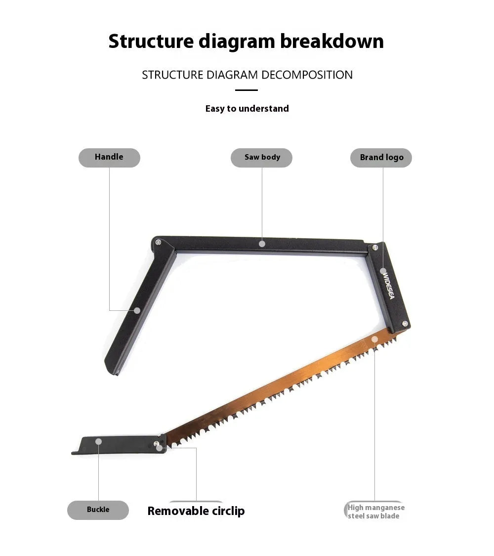 Black outdoor foldable saw with aluminium and nylon handle shown in open cutting position