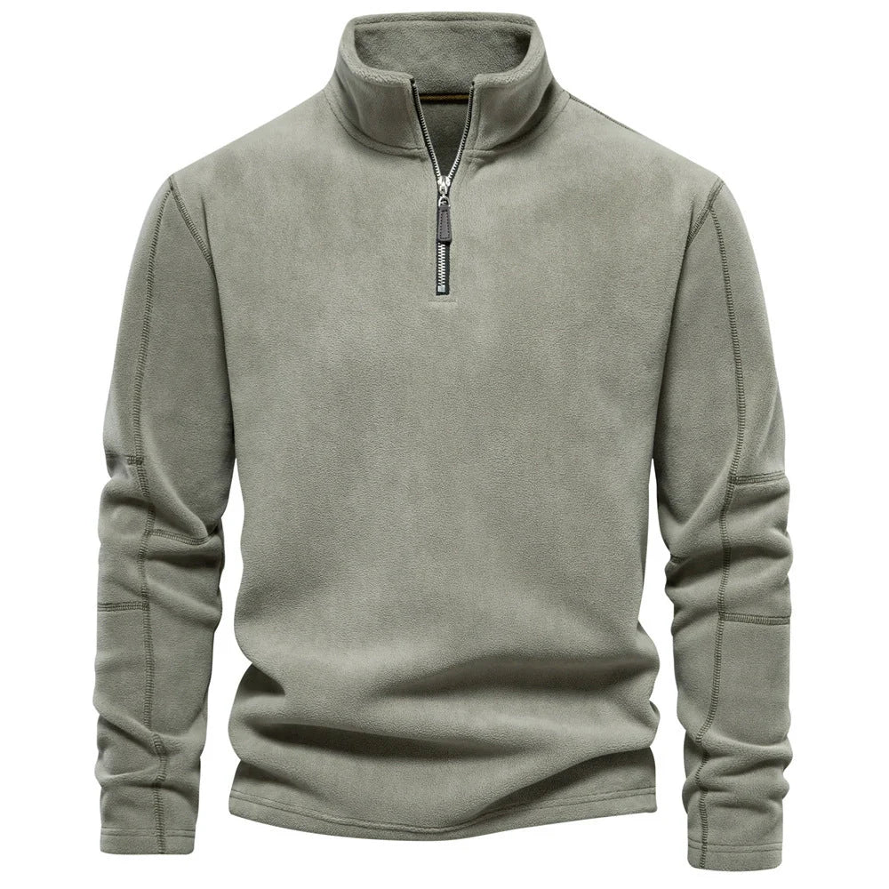 Men's stand-collar zippered fleece sweatshirt in olive green, brown, and dark grey