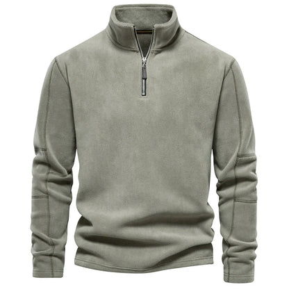 Men's stand-collar zippered fleece sweatshirt in olive green, brown, and dark grey