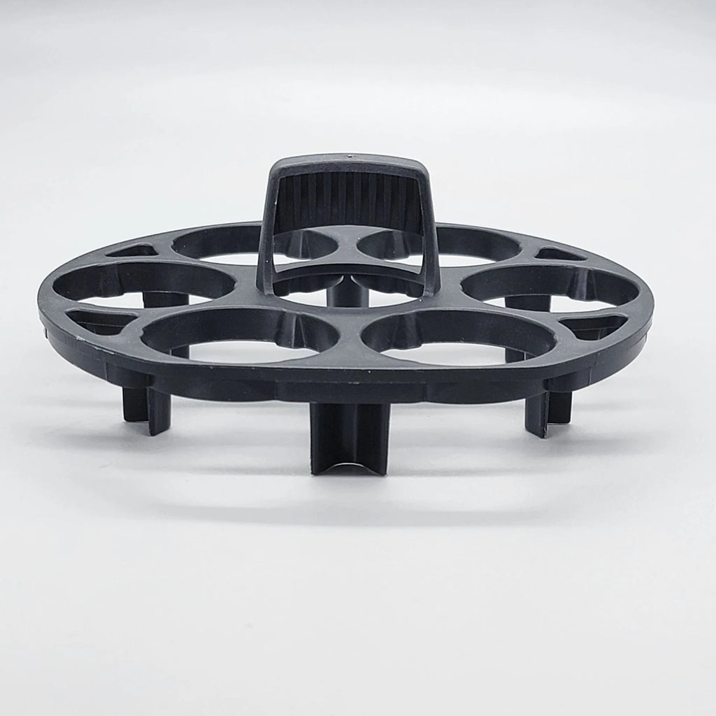 Black plastic egg holder with modern design measuring 13.8 by 12.6 by 5.7 centimetres