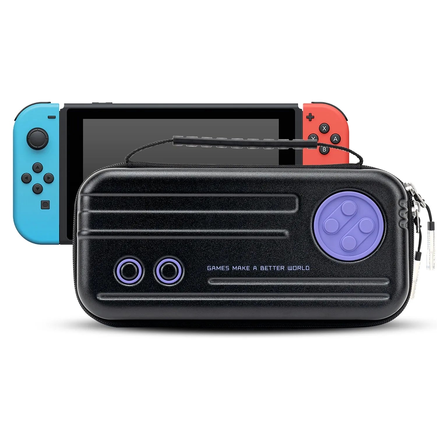 Nintendo Switch OLED storage handbag showing multi-cassette handle and 25.5x12.5x6 cm dimensions