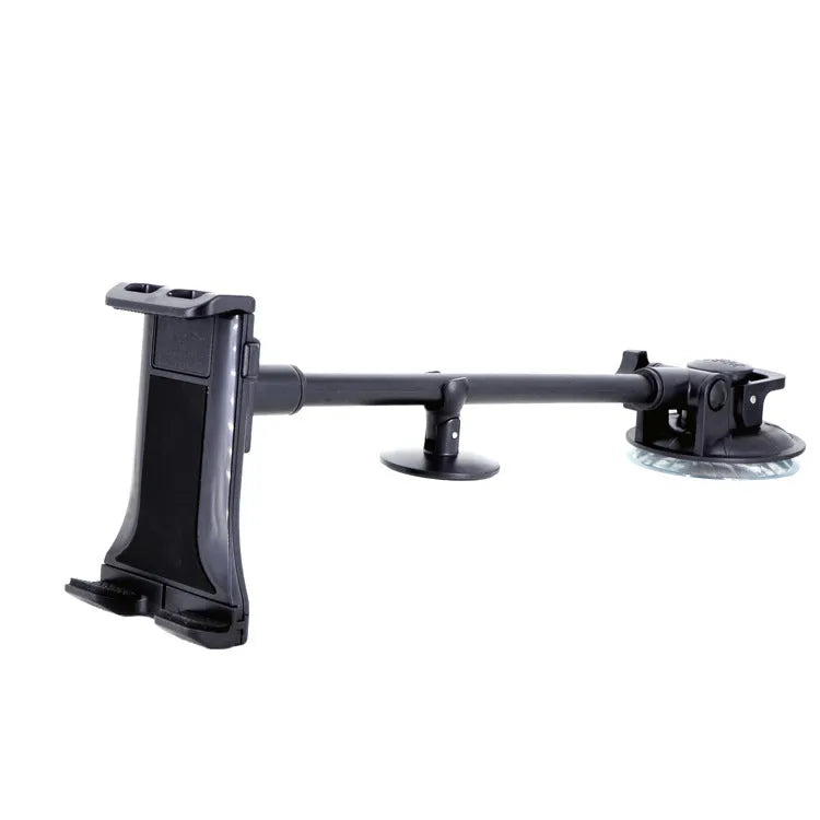 Black universal vehicle-mounted tablet holder with lifting bracket and long suction cup for 4-12 inch devices.