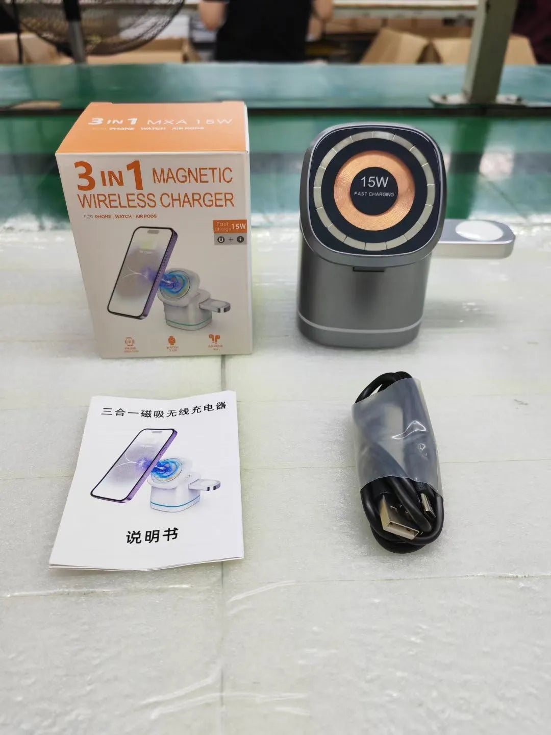 Three-in-one folding magnetic wireless fast charger for mobile earphone watch in Iron Grey