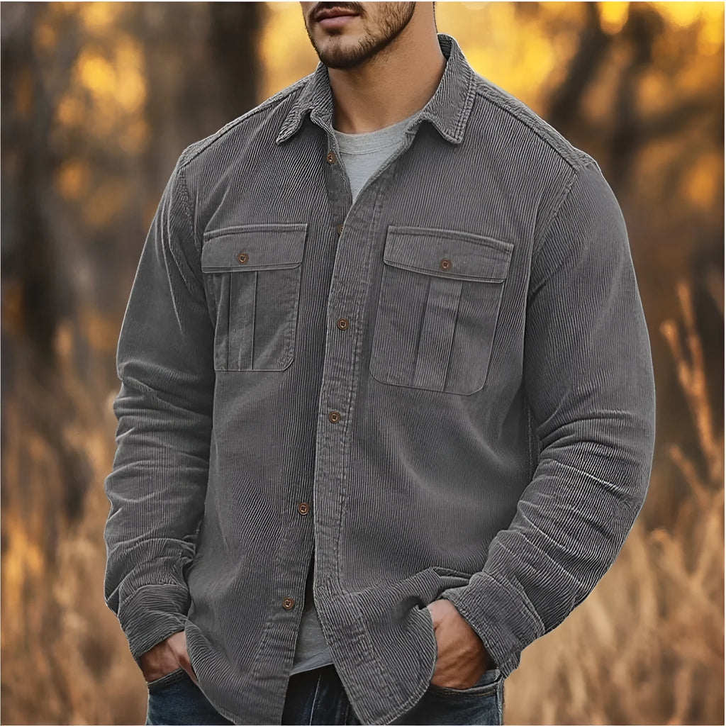 Men's thin corduroy shirt in Japanese retro style with sanded velvet texture and long sleeves