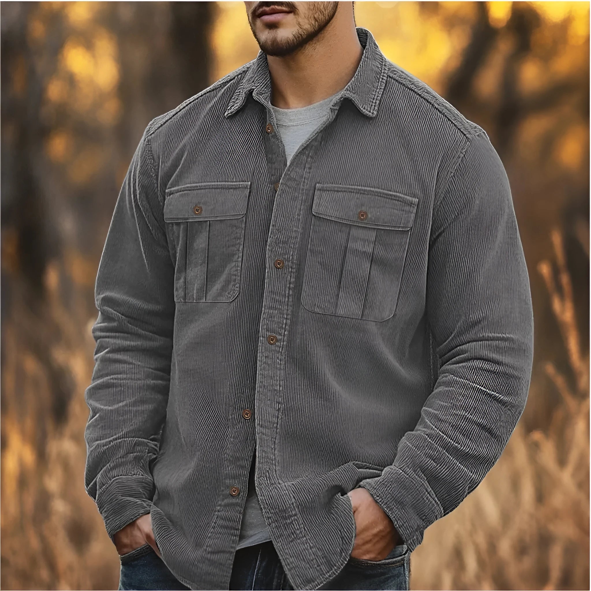 Men's thin corduroy shirt in Japanese retro style with sanded velvet texture and long sleeves
