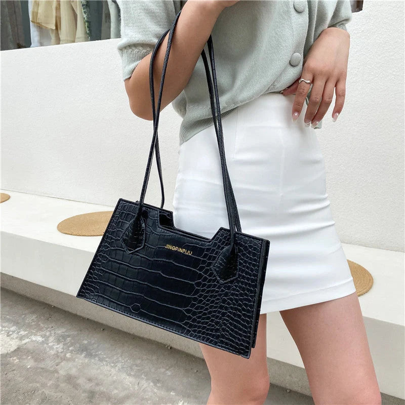 Trendy PU small square shoulder bag with crocodile pattern in black, orange, white, and grey