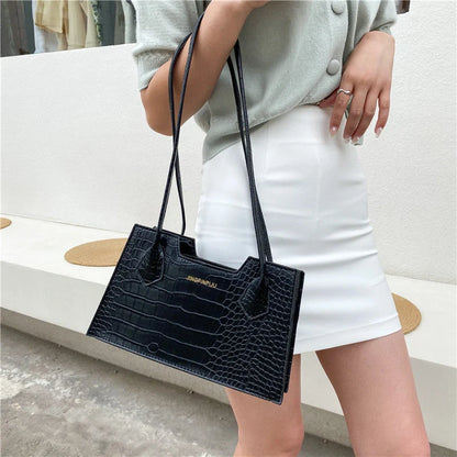 Trendy PU small square shoulder bag with crocodile pattern in black, orange, white, and grey