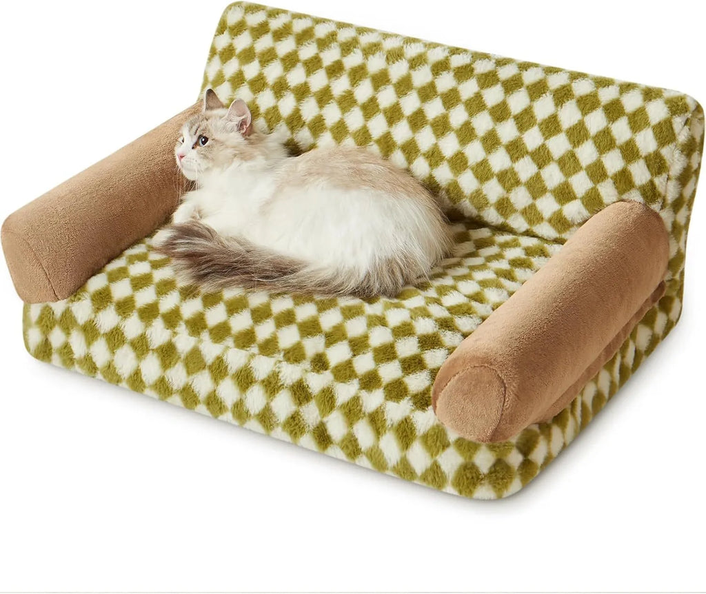 Checkered pattern pet sofa bed for a cat, showing removable cover and non-slip bottom.