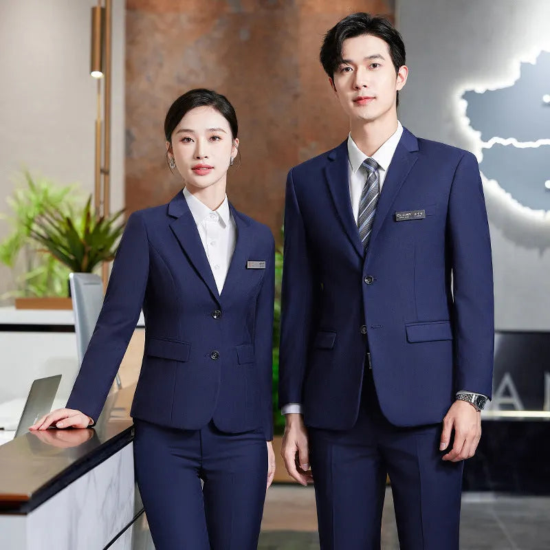 Men's and women's polyester work suit with long-sleeve jacket and trousers or skirt in black colour option