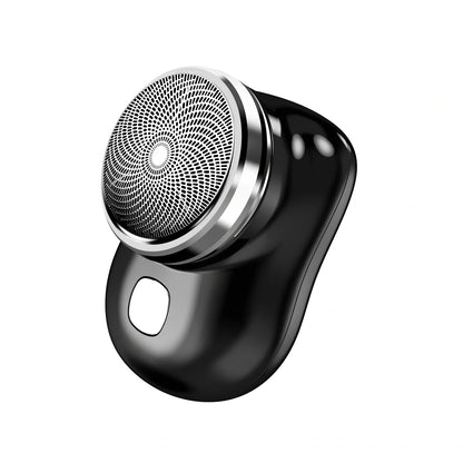 Compact electric mini shaver in cool silver with floating cutter head, 65.8 x 46 x 42mm size, rechargeable for 60+ minutes use